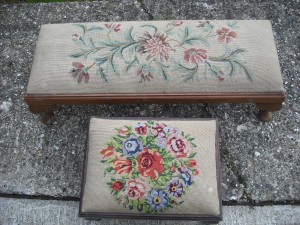 2 Footstools 80cm x 32cm and 40cm x 30cm. Solid wood with embroidered cushioned tops