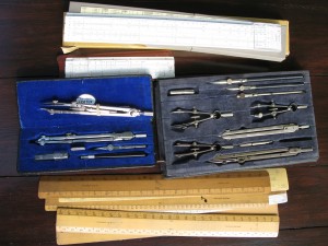 Collection of Drawing instruments, scale rulers and slide rules