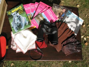Box with three pairs of leather gloves, OS maps, Binoculars, Diana and QUessn Elizabeth souvenir programmes and moreA