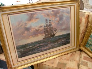 Painting of one square masted sailing ship in recent frame