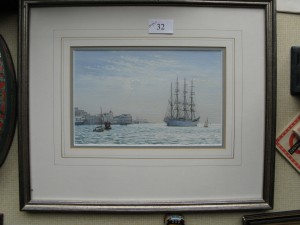 Painting by Colin M Baxter of Tall ship in entrance to Portsmouth Harbour