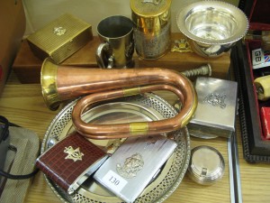 Lot 130 - Military Bugle and other crested items inc. cigarette cases, mugs, bowls and hip flask - Sold for £50