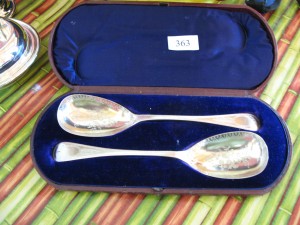 Lot 363 - Boxed set of silver serving spoons - Both engraved / etched. Sold for £32