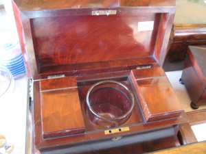 Lot 198 - Tea Caddy with two tea boxes and a glass mixing bowl. Sold for £70