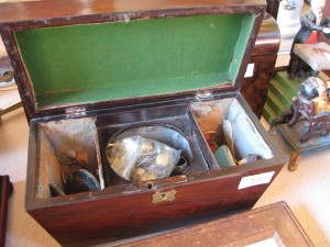 Lot 201 - Tea caddy for two tea boxes and mixing bowl. With mixed contents inc. compact, jewellery, spoon. Sold for £100