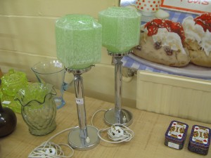 Lot 298 - Pair of Art Deco table lights, chrome base with green glass shade - Sold for £75