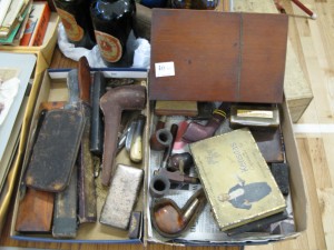 Lot 46 - Collection of smoking items including pipes, boxes, knives and razor strops - Sold for £65