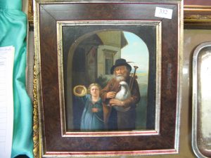 Lot 332 - Oil on board painting of Bagpipe playing beggar and child - Sold for £65