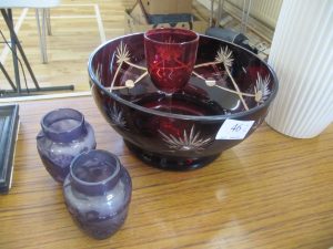 Lot 46 - Cranberry glass bowl and wine glass with two lilac glass vases - Sold for £40