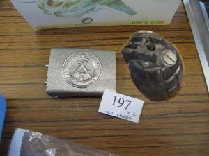 Lot 197 - WW2 British grenade and Mason's belt buckle - Sold for £40