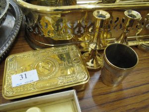 Lot 31 - WW1 Christmas tin and candlesticks - Sold for £30