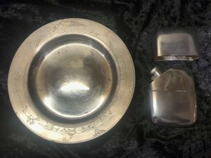 Silver salver and hip flask