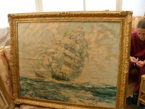 Painting of two square masted sailing ships in old frame