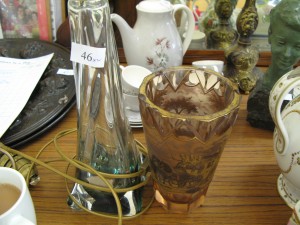 Lot 46 - Belgium Glass Lamp Stand and Unusual Vase with Stage Coach design. Sold for £60.