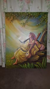 This painting of a girl playing a sitar is by the artist Kafait from Pakistan. Kafait visited Southampton some years back and donated these paintings to us to help raise money for the sellers charity.