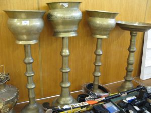 Lot 305 - Three x Brass planters and tray on stand - Sold for £30