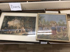 Lot 365 - 2 framed prints of market and harvest scenes - Sold for £45