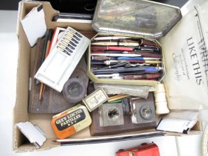 Lot 249 - Box of pens - nibs and ink pots - Sold for £30