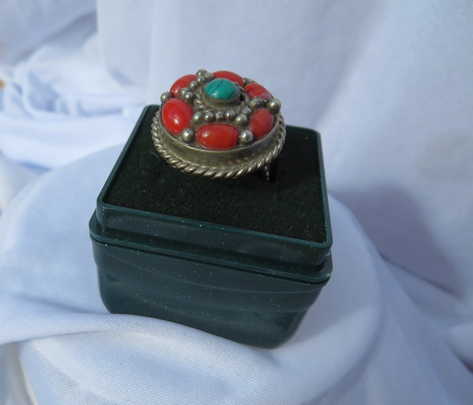 Tibetan white metal Coral & Turquoise ring